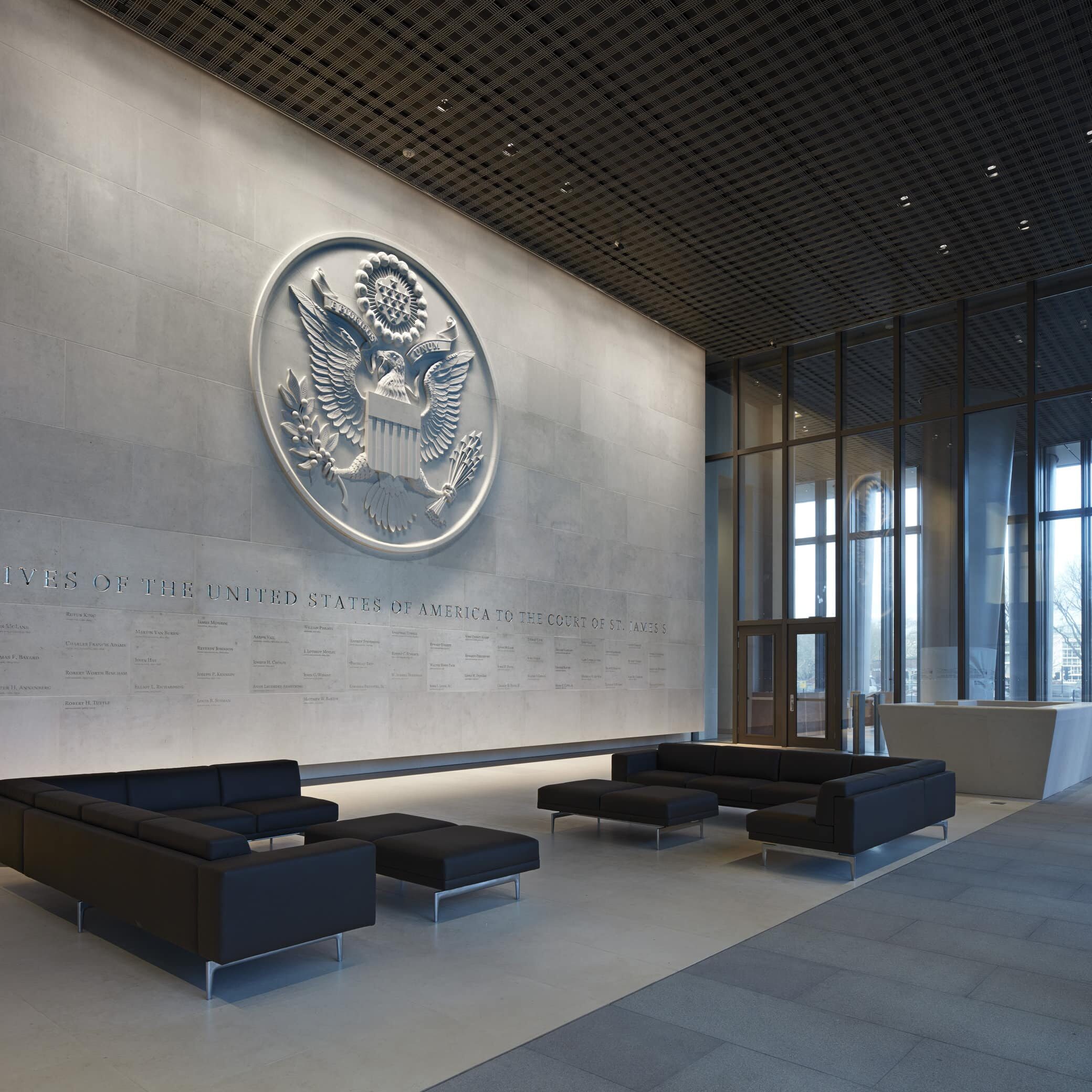 Ambassador Wall with Great Seal in the main lobby, American Embassy, Nine Elms, London, UK.