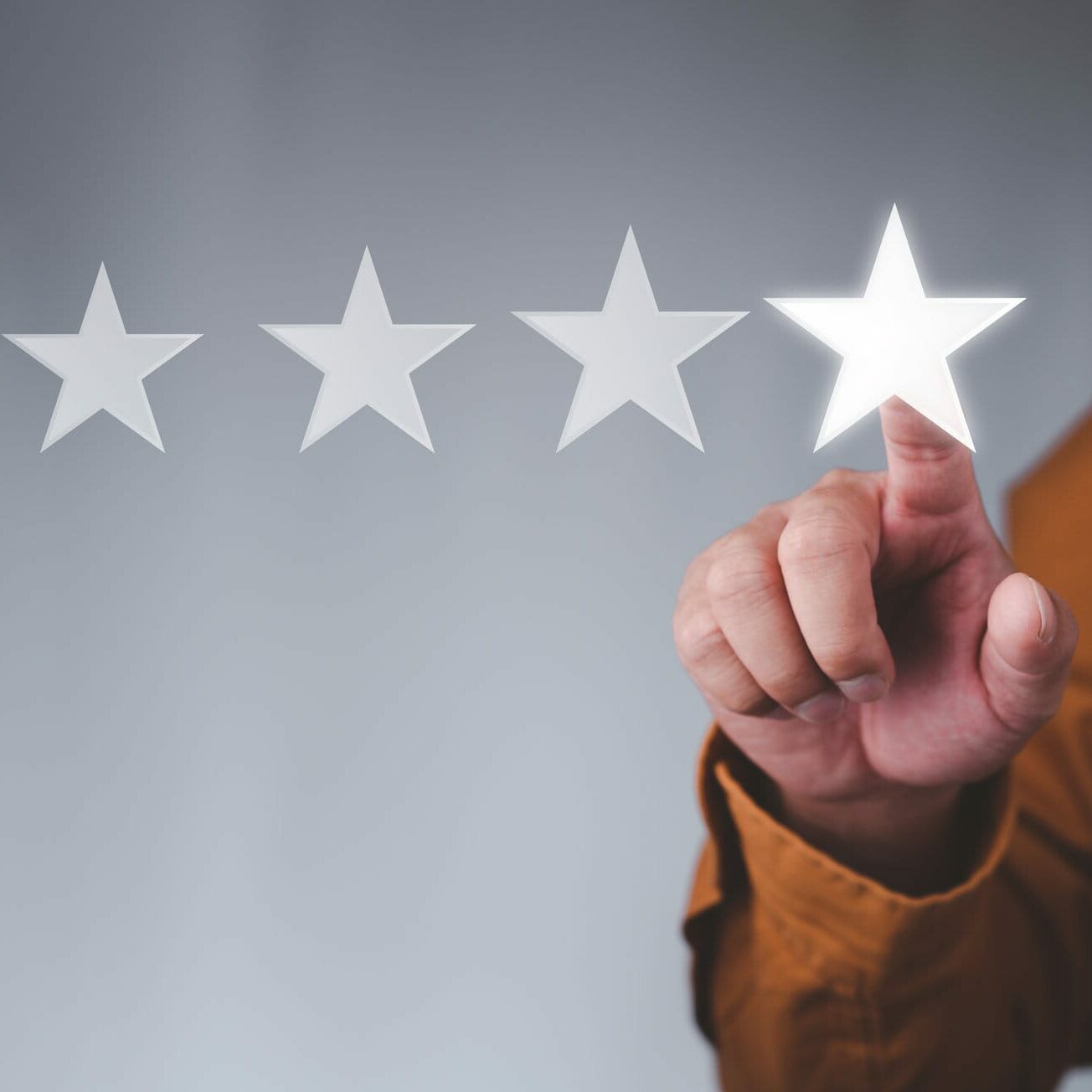 Customer service experience and business satisfaction survey, businessman touching with a screen Five stars (5) rating, Feedback, review and rating concepts.